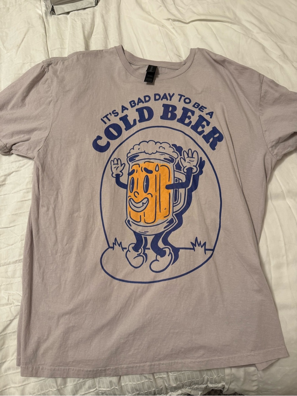 Gildan Lavender Tee with Navy and Gold Beer Cartoon